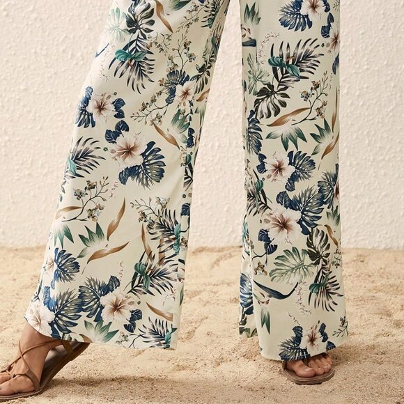 Wide Leg Pants, High Waist Boho Tropical Print Flowy Hippie casual beach pants - Picture 7 of 8